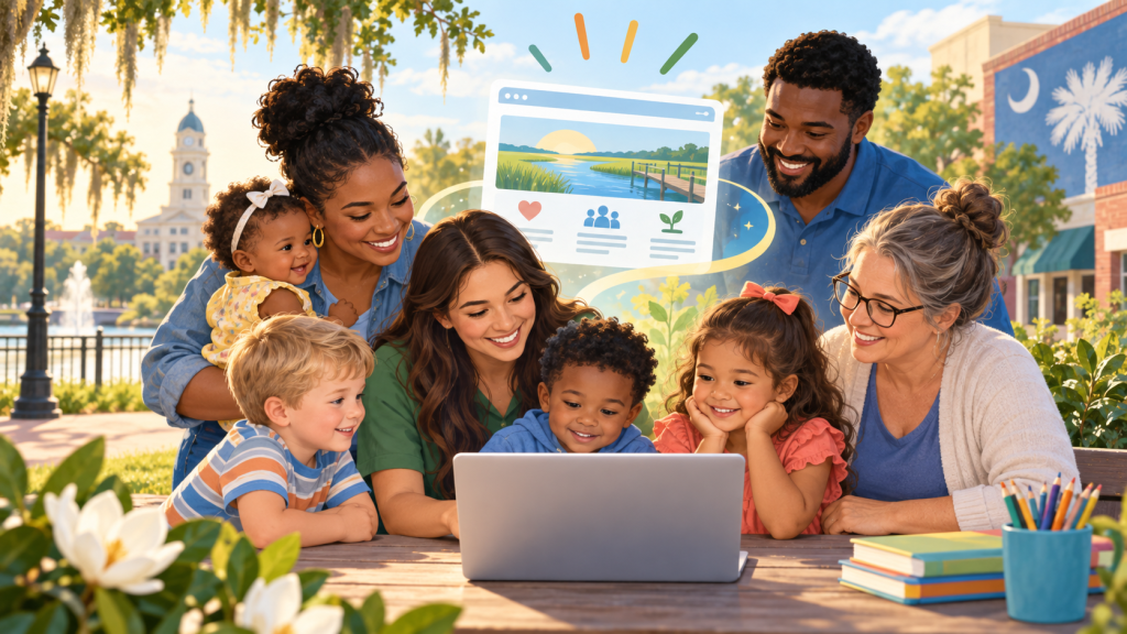 A diverse group of seven people, including children and adults, gathered around a laptop outdoors, engaged in a cheerful moment, with a scenic park and a clock tower in the background.